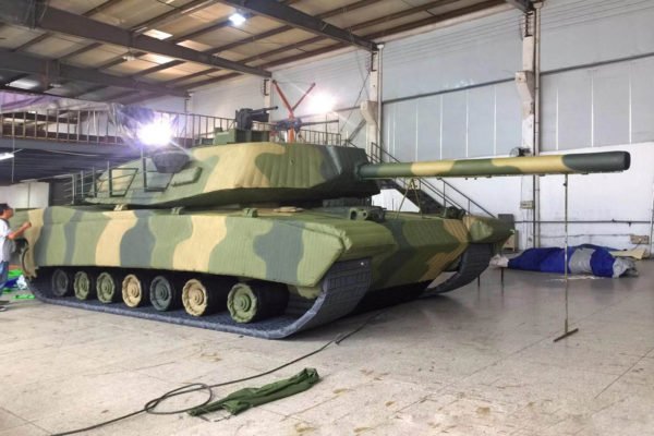 M1 Abrams Tank camo inflatable decoy target in the manufacturing plant.