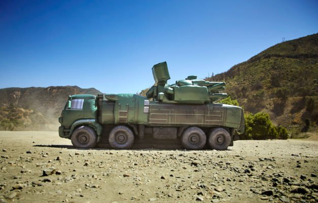 Pantsir-S1 green inflatable decoy target from the side.