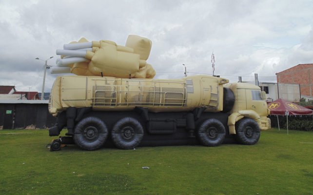 Pantsir-S1 beige inflatable decoy target from the side.