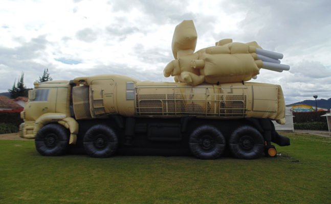Pantsir-S1 beige inflatable decoy target from the side.
