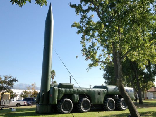 Scud Missile Launcher green inflatable decoy target from the side.
