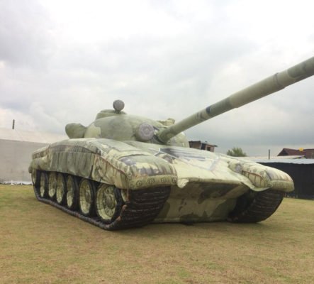 T-72 Tank light camo inflatable decoy target from the front.