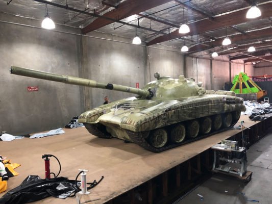 T-72 Tank light camo inflatable decoy target in the manufacturing shop.